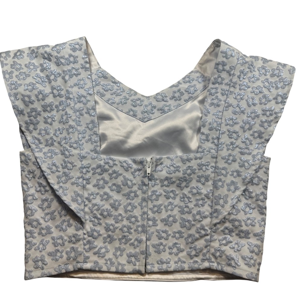 Koch Womens Medium Blouse Cecilia Blue Disco Floral Crop Top Zipper Ruffles - Picture 3 of 9